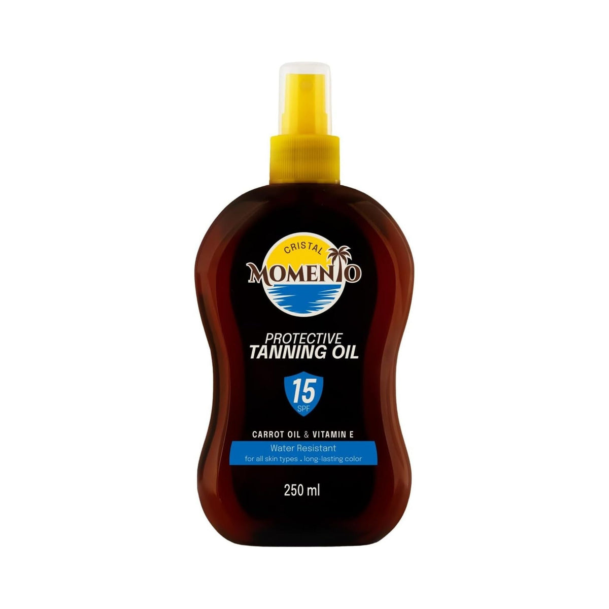 Refect Beauty Cristal Momento SPF 15 tanning oil in a brown 250ml spray bottle with a yellow cap.