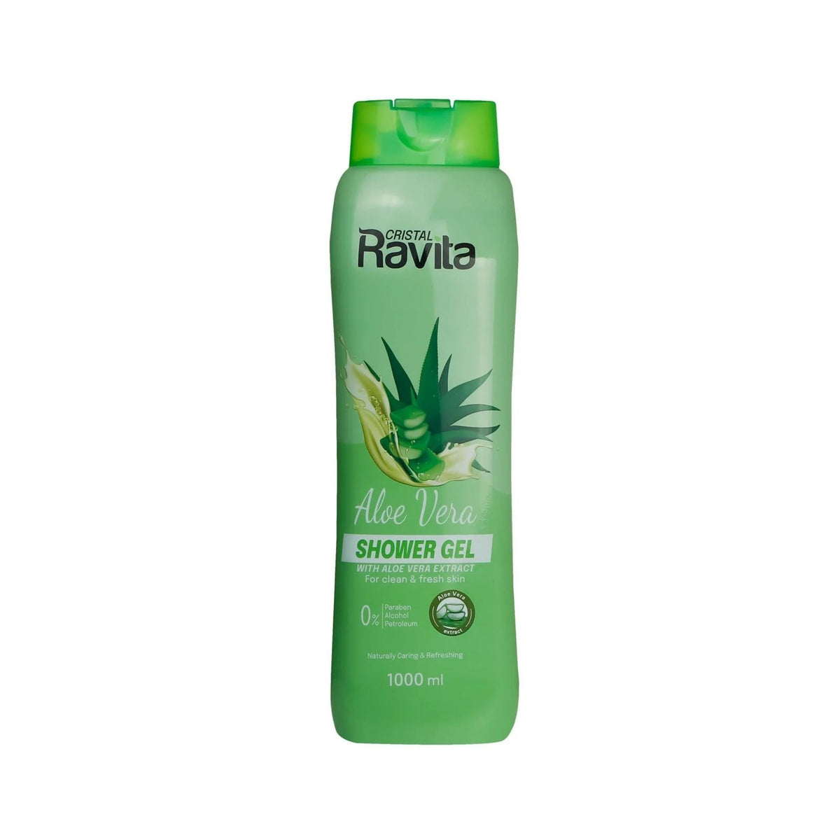 Refect Beauty Cristal Ravita Aloe Vera shower gel in a 1000ml green bottle with soothing aloe extract formula.