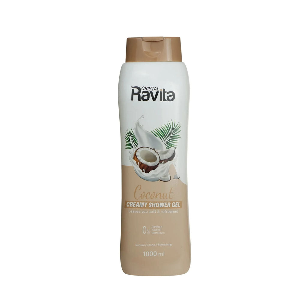 Refect Beauty Cristal Ravita coconut creamy shower gel in a 1000ml bottle with tropical coconut and splash graphics