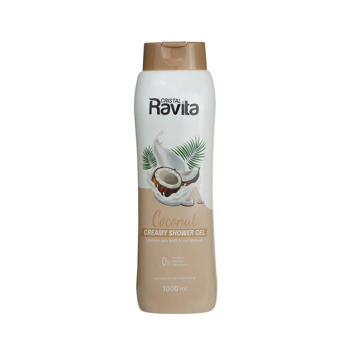 Refect Beauty Cristal Ravita coconut creamy shower gel in a 1000ml bottle with tropical coconut and splash graphics