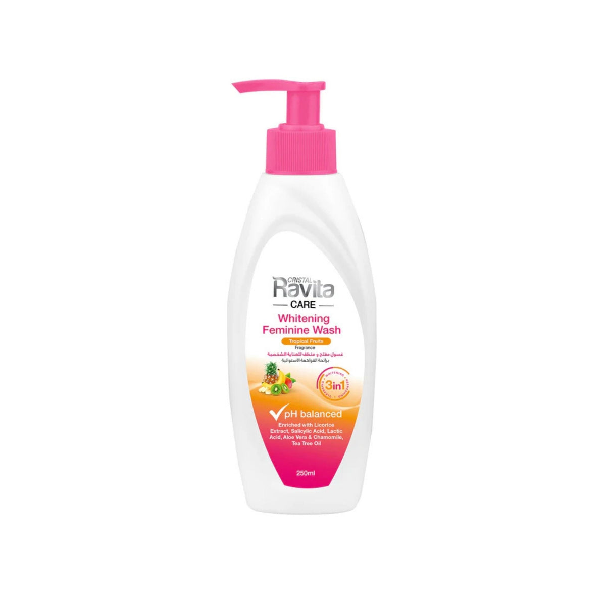 Refect Beauty Cristal Ravita whitening feminine wash with tropical fruit scent in a white pump bottle