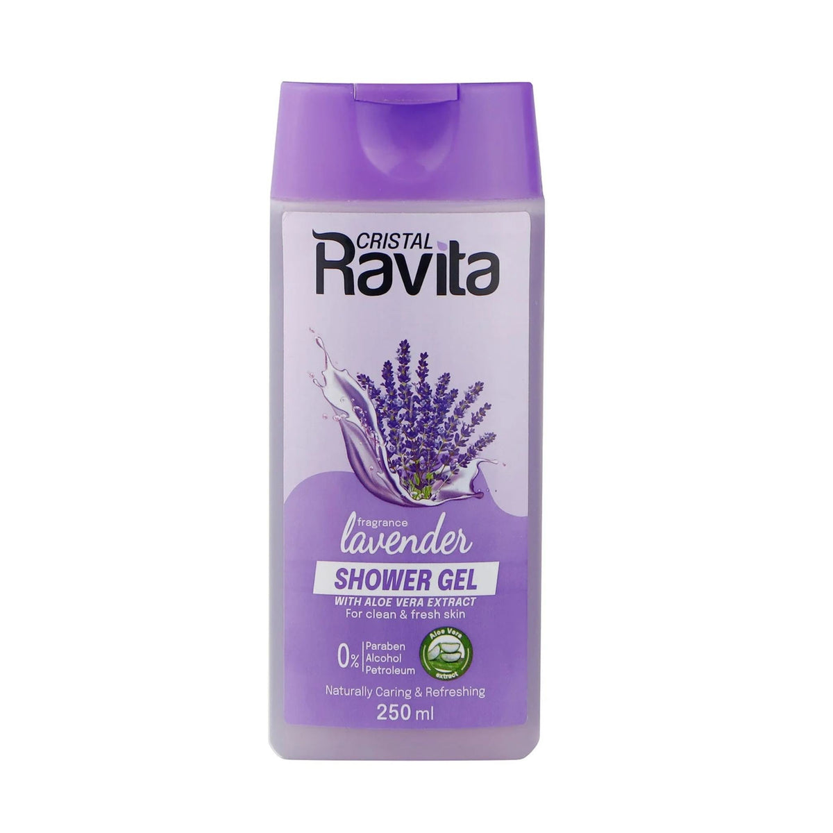 Refect Beauty Cristal Ravita lavender shower gel bottle with aloe vera extract in a 250ml purple translucent container