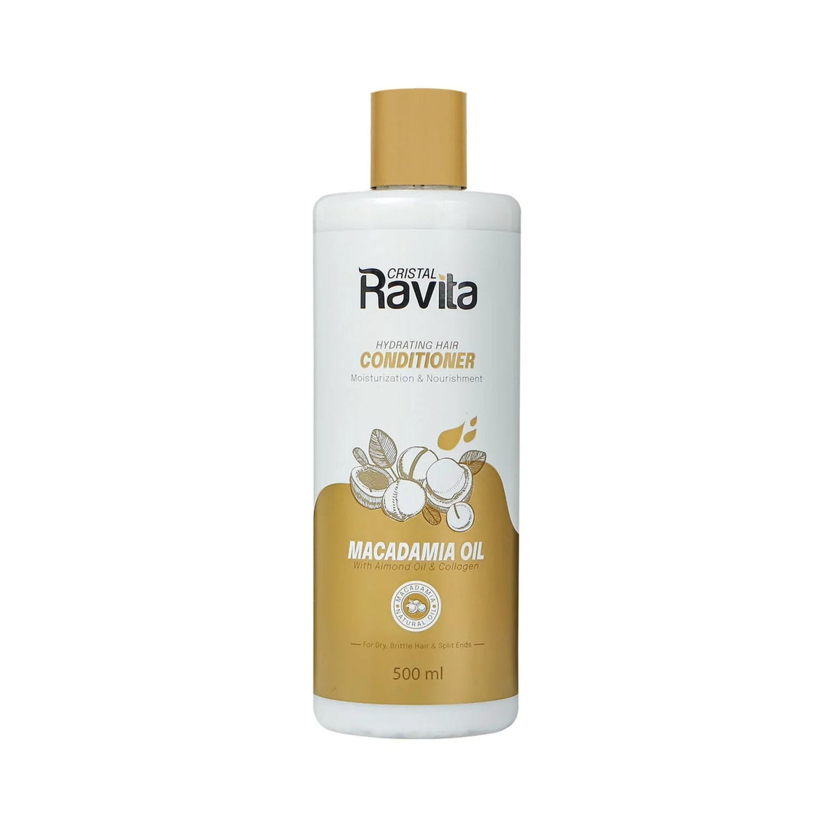 Refect Beauty Cristal Ravita Macadamia Oil Conditioner bottle for dry and damaged hair with gold cap