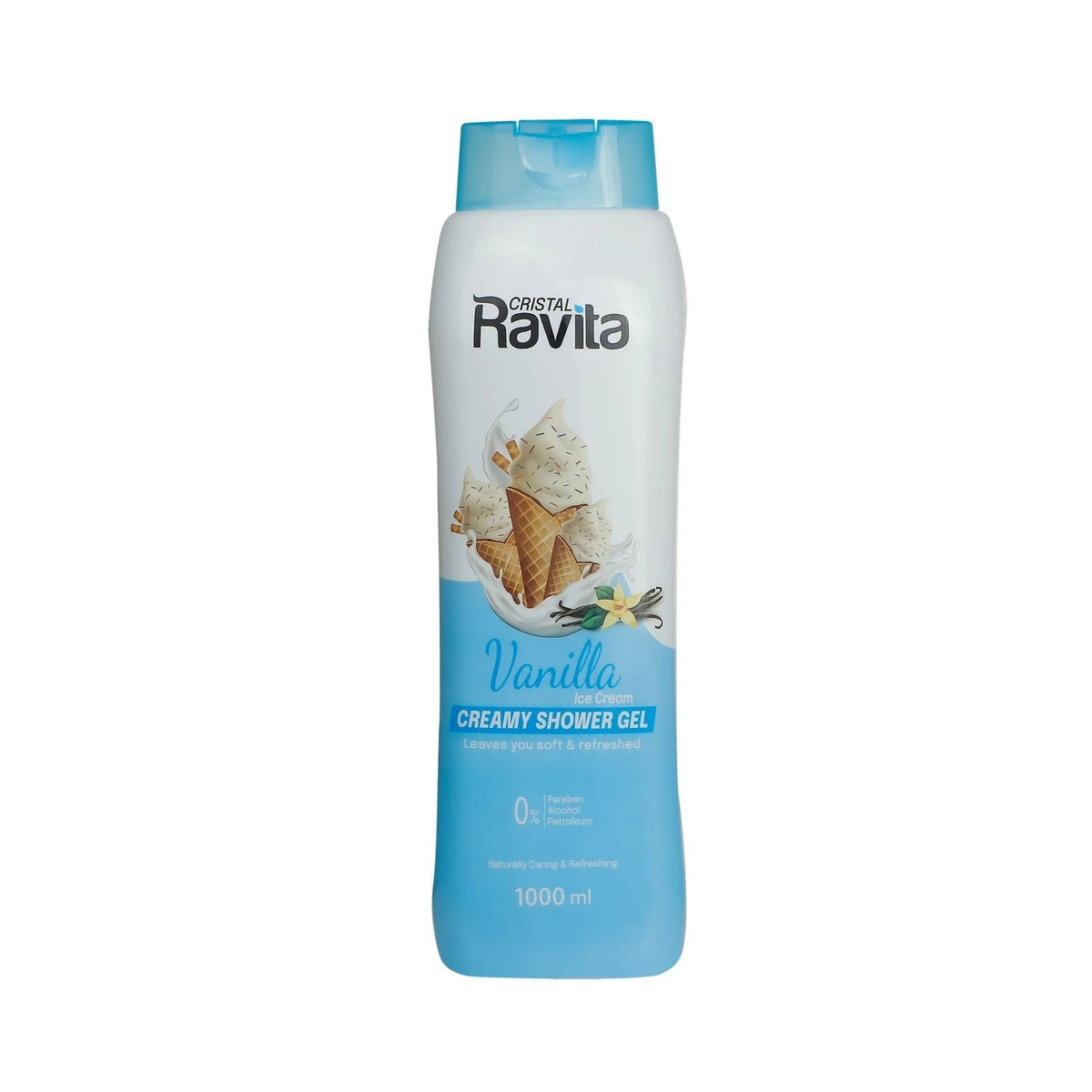Refect Beauty Cristal Ravita creamy vanilla ice cream shower gel in a 1000ml bottle with blue cap and label design.