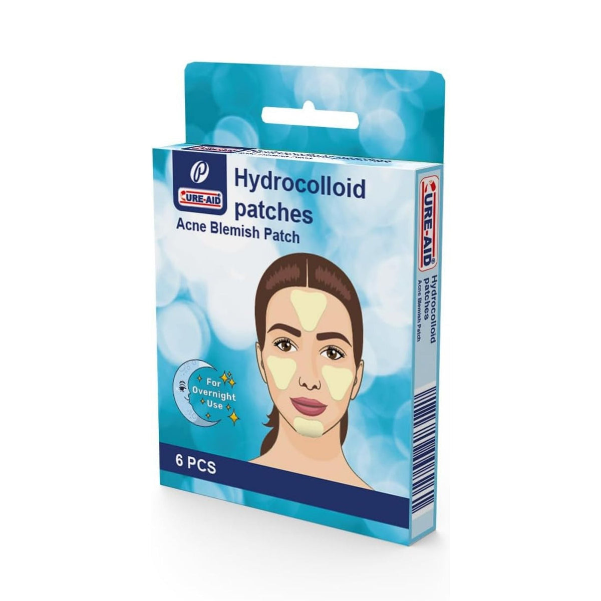 Refect Beauty Cure-Aid hydrocolloid acne blemish patches in blue packaging with illustration of face with patches