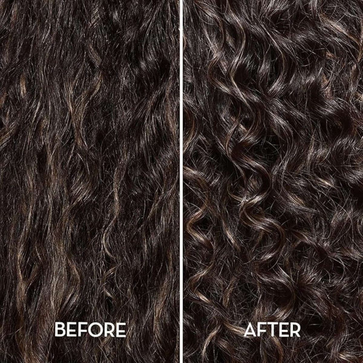 Refect Beauty before and after comparison showing hair curl definition and frizz reduction after using leave-on cream