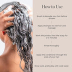 Refect Beauty Hair Burst shampoo and conditioner set being applied to wet curly hair with usage instructions