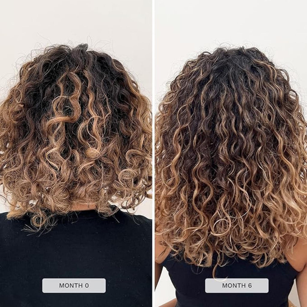 Refect Beauty before and after results showing defined curly hair after using Hair Burst shampoo and conditioner