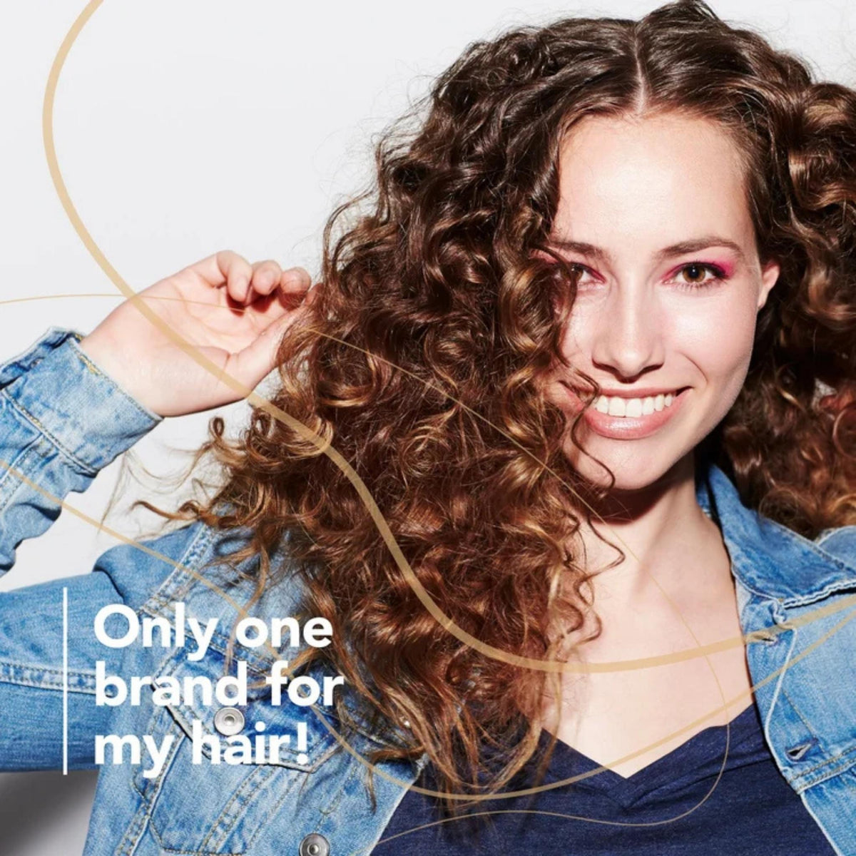 Refect Beauty Every Strand leave-in hair treatment model with healthy curly hair wearing a denim jacket