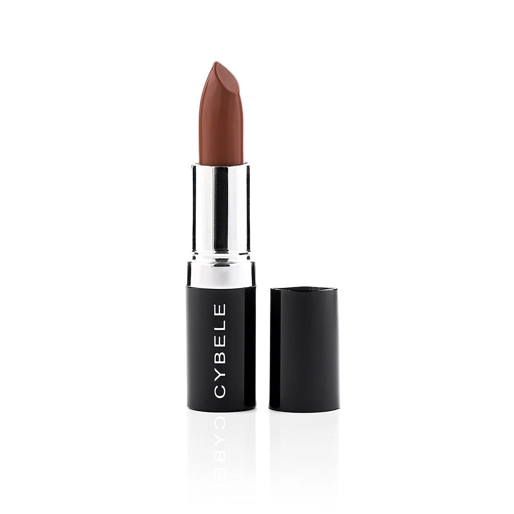 Refect Beauty Cybele rich brown cream lipstick in a sleek black tube with silver accents for full coverage color