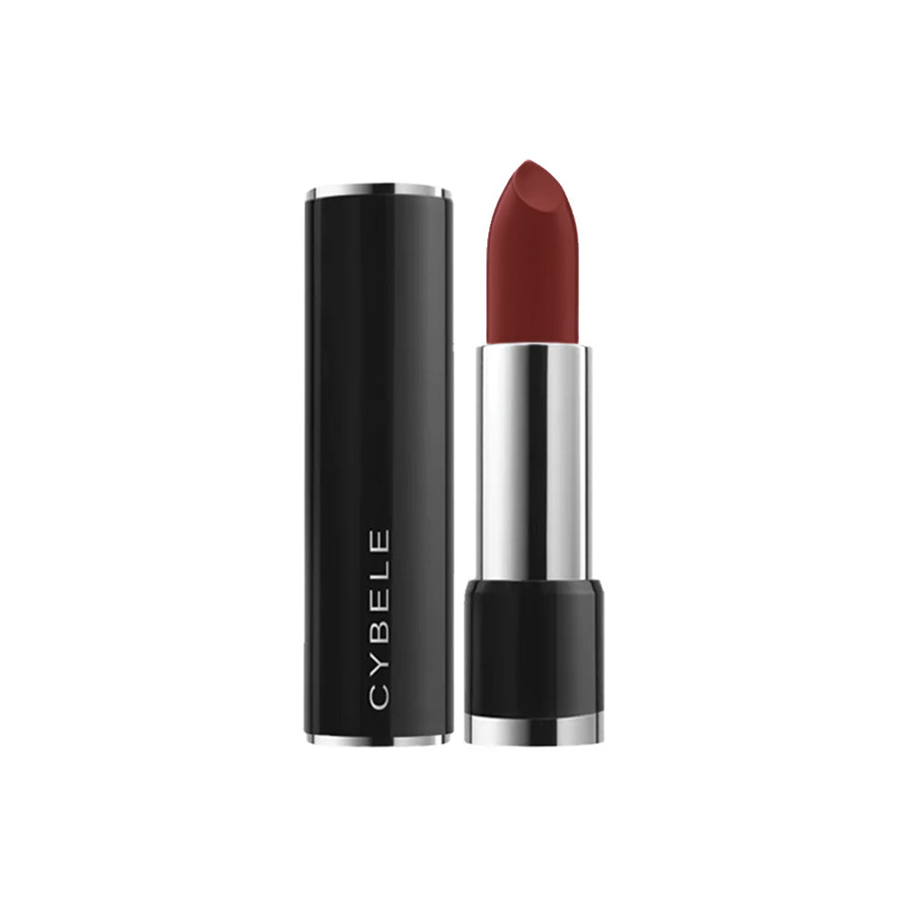 Refect Beauty Cybele matte lipstick in a deep red shade with a sleek black and silver tube packaging