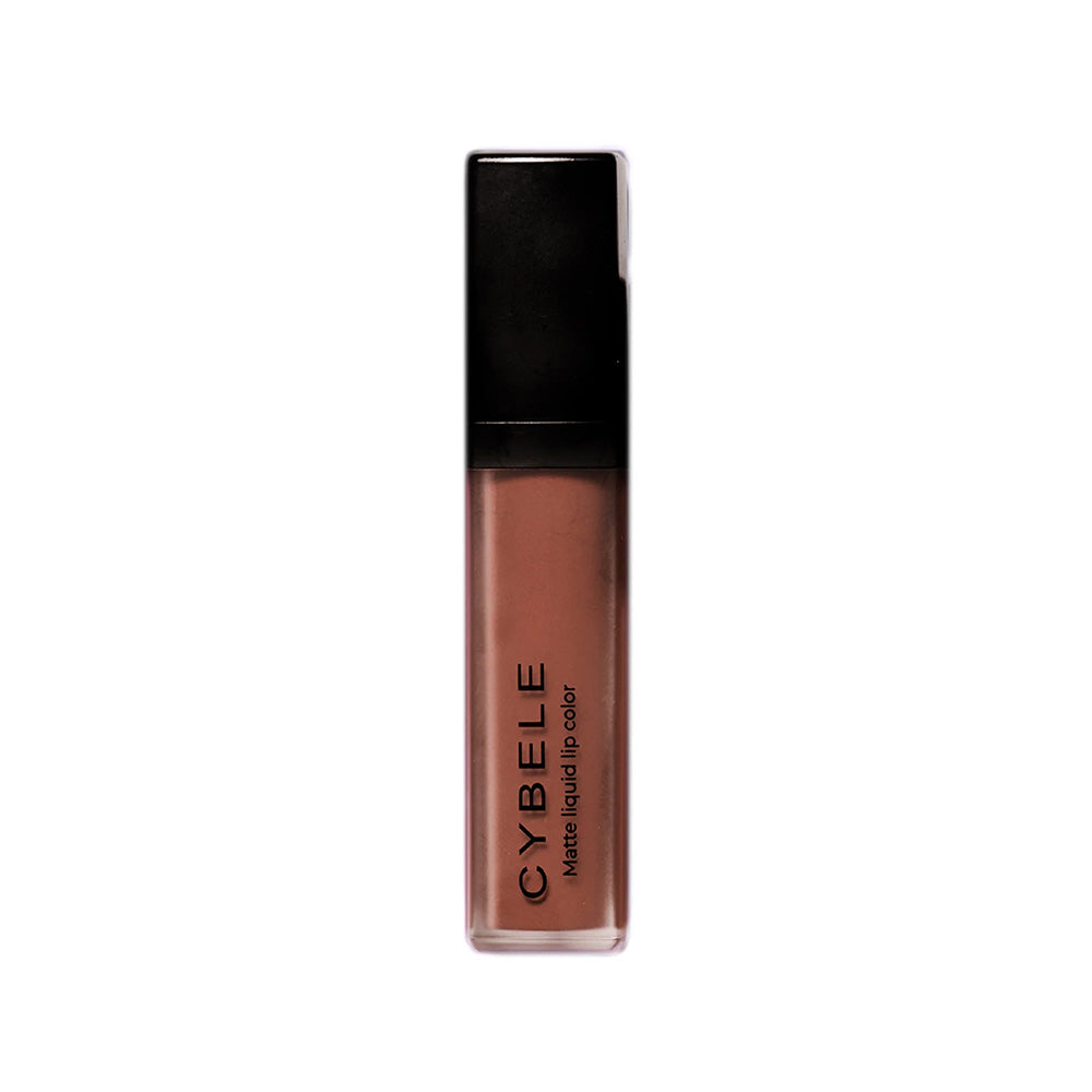 Refect Beauty Cybele matte liquid lipstick in a warm brown shade with a sleek clear tube and black cap.
