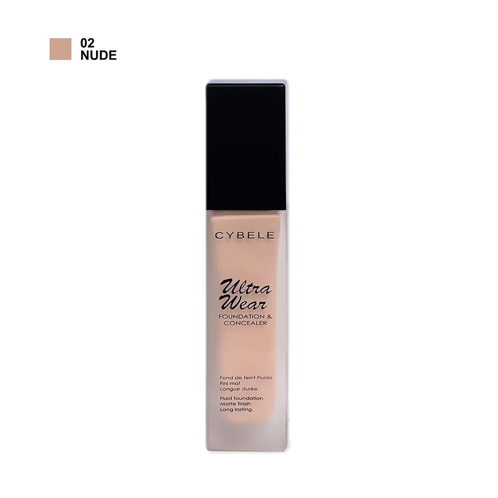 Refect Beauty Cybele Ultra Wear Foundation and Concealer in shade 02 Nude with a sleek glass bottle and black cap.