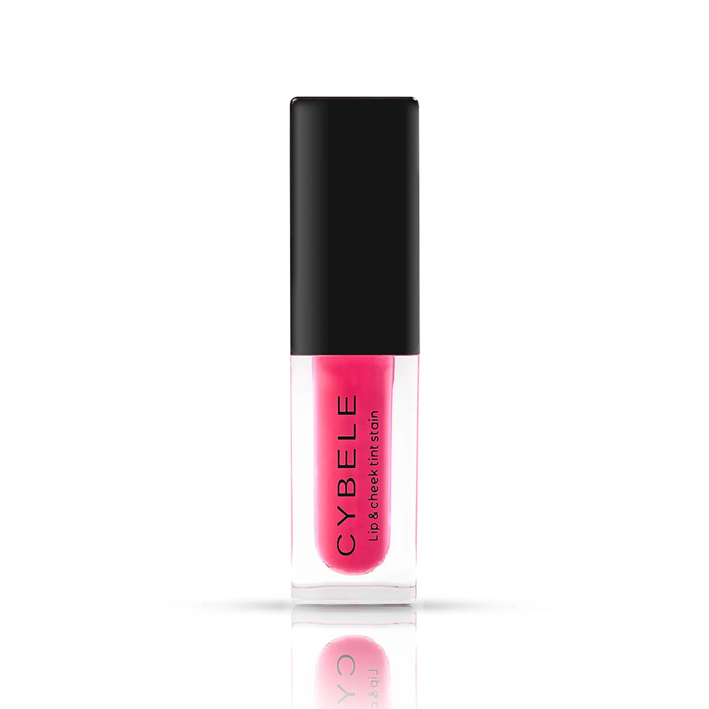 Refect Beauty Cybele pink liquid lip and cheek tint in a clear glass bottle with a black cap.