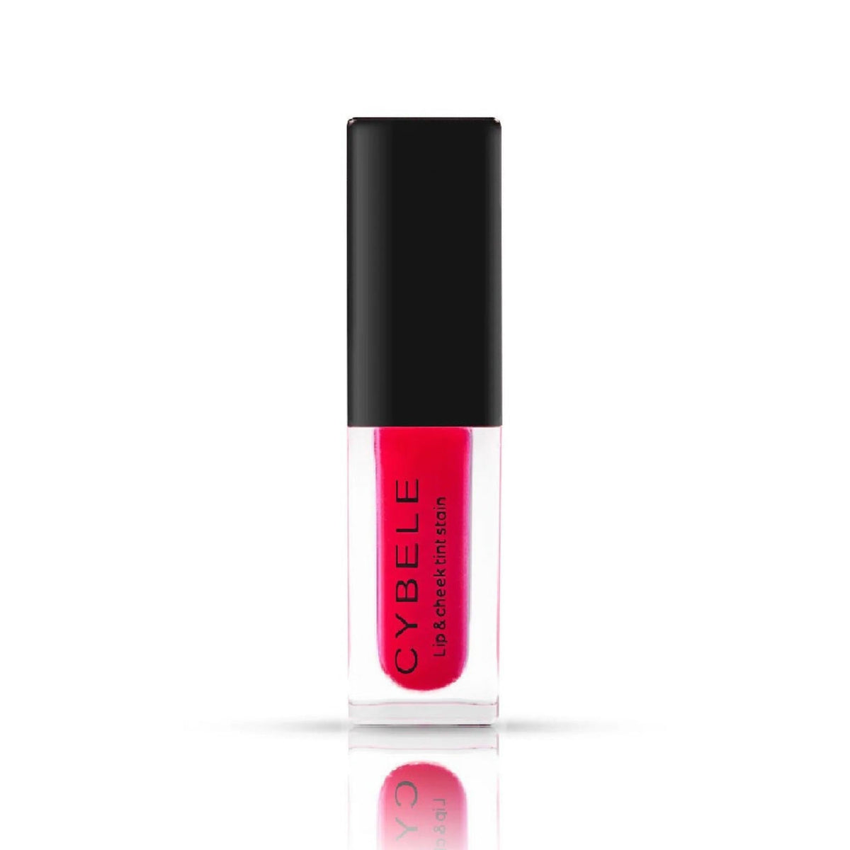 Refect Beauty Cybele liquid lip and cheek tint in a vibrant pink shade with a sleek black cap and clear bottle.