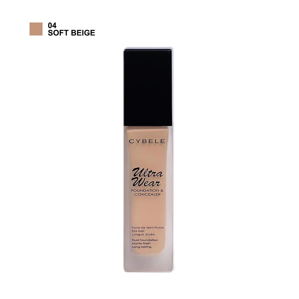 Refect Beauty Cybele Ultra Wear Foundation and Concealer in shade 04 Soft Beige with a sleek glass bottle design.