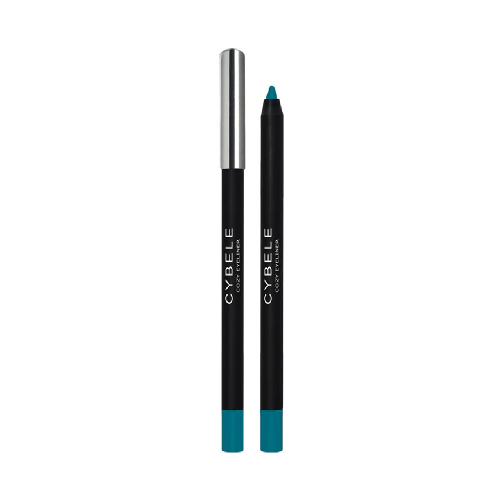 Refect Beauty Cybele Cozy gel eyeliner pencil in a vibrant teal blue shade with a sleek black and silver cap.