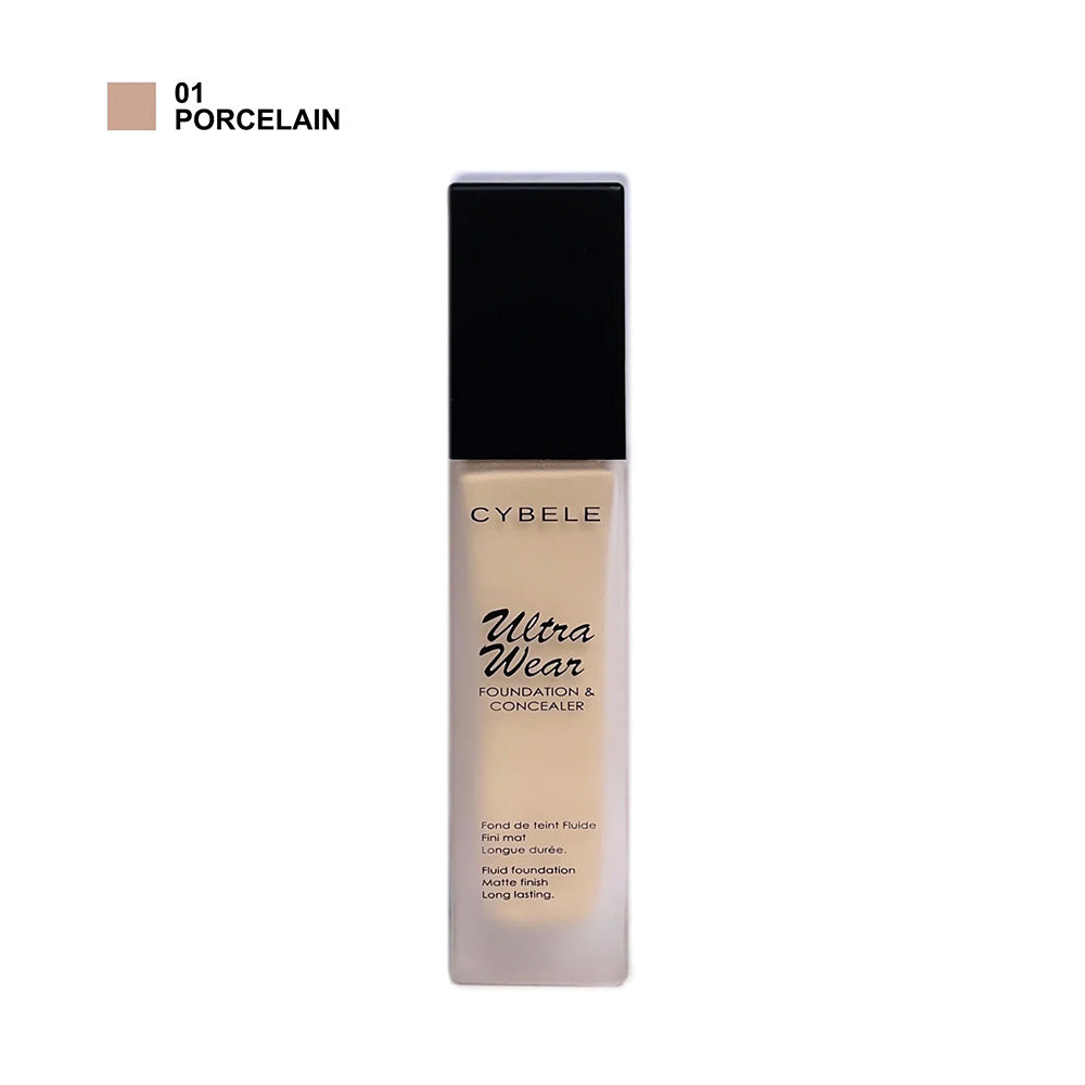 Refect Beauty Cybele Ultra Wear Foundation and Concealer in shade 01 Porcelain with a sleek glass bottle design.
