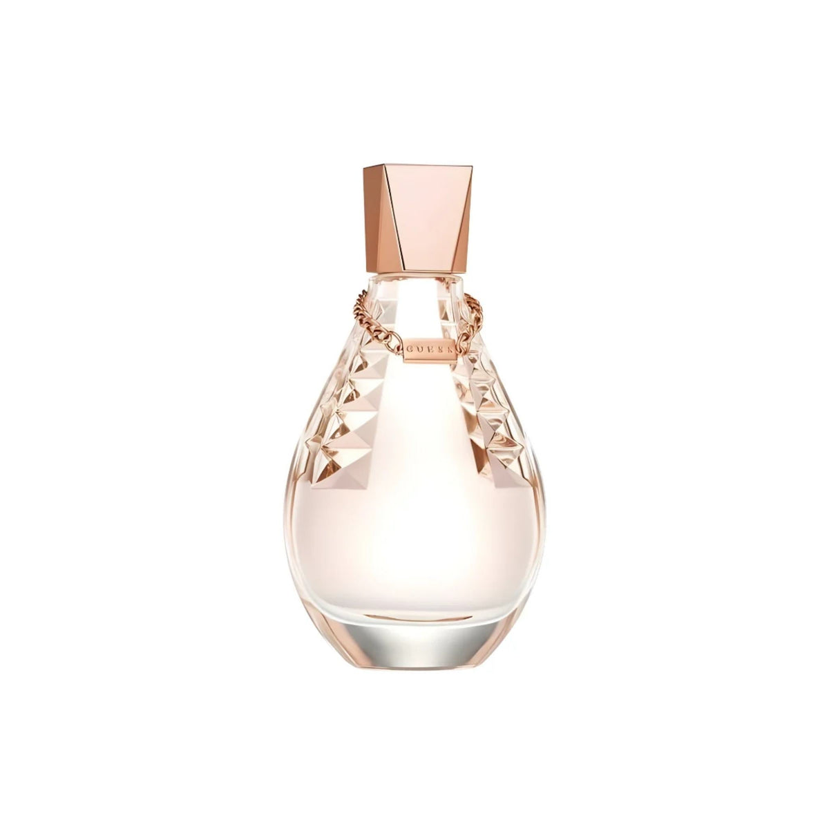 Refect Beauty Dare by Guess Eau De Toilette in a teardrop-shaped glass bottle with a rose gold cap and chain detail.