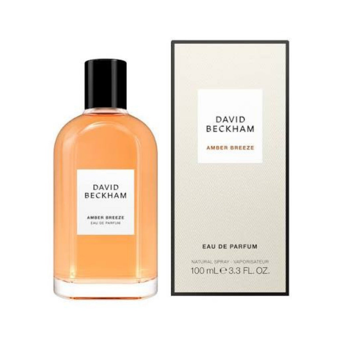 Refect Beauty David Beckham Amber Breeze Eau de Parfum bottle and box featuring a warm amber liquid fragrance