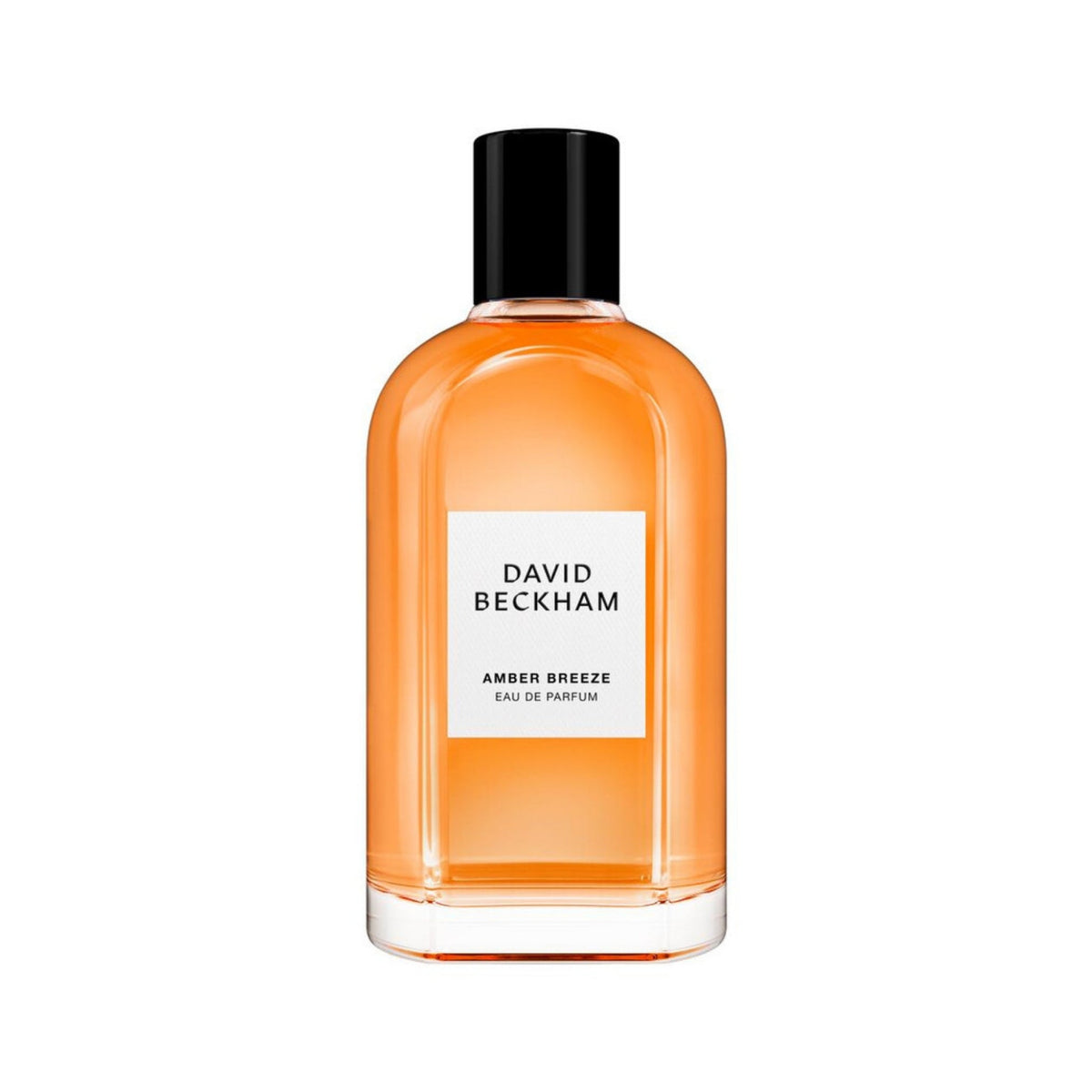 Refect Beauty David Beckham Amber Breeze Eau de Parfum in a clear glass bottle with amber liquid and black cap