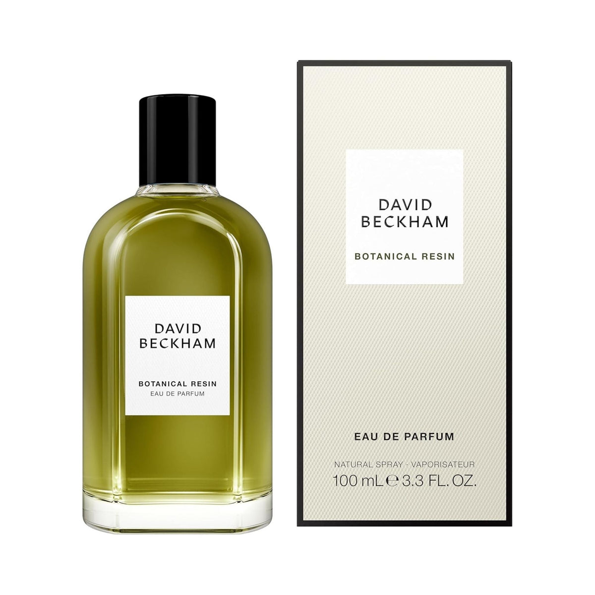 Refect Beauty David Beckham Botanical Resin Eau de Parfum bottle and box featuring a warm woody aromatic scent