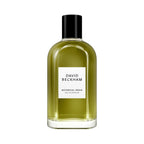 Refect Beauty David Beckham Botanical Resin Eau de Parfum in a clear glass bottle with a black cap and olive liquid.