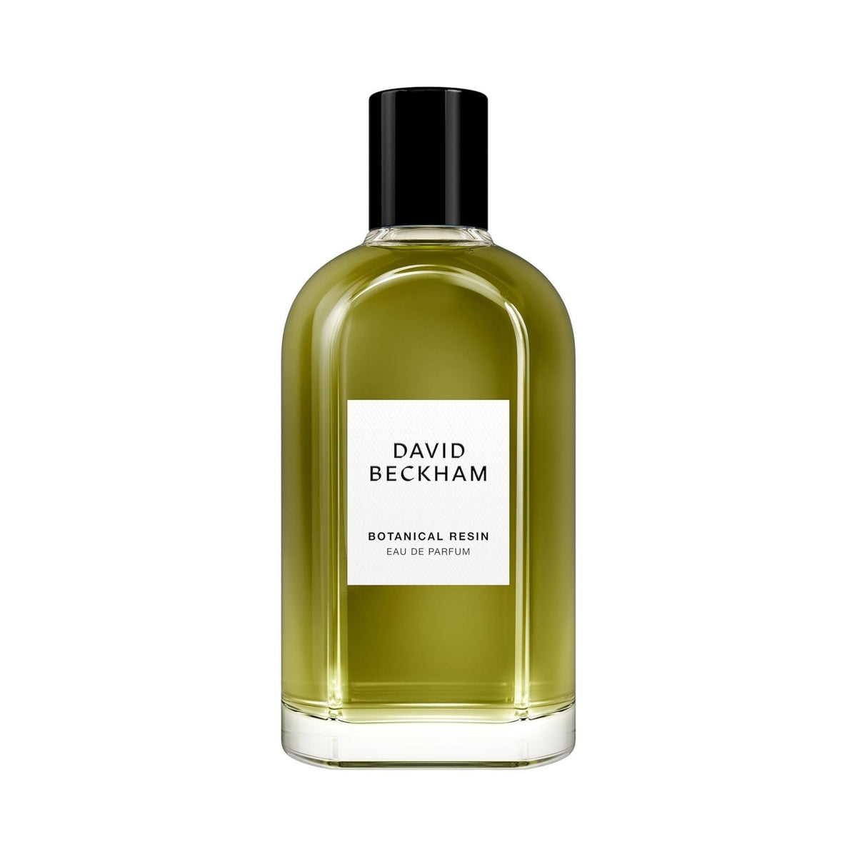 Refect Beauty David Beckham Botanical Resin Eau de Parfum in a clear glass bottle with a black cap and olive liquid.