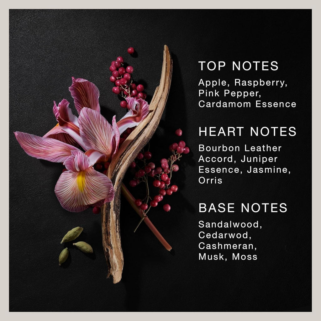 Refect Beauty fragrance ingredients display featuring a purple iris, pink peppercorns, and wood on a black leather background.