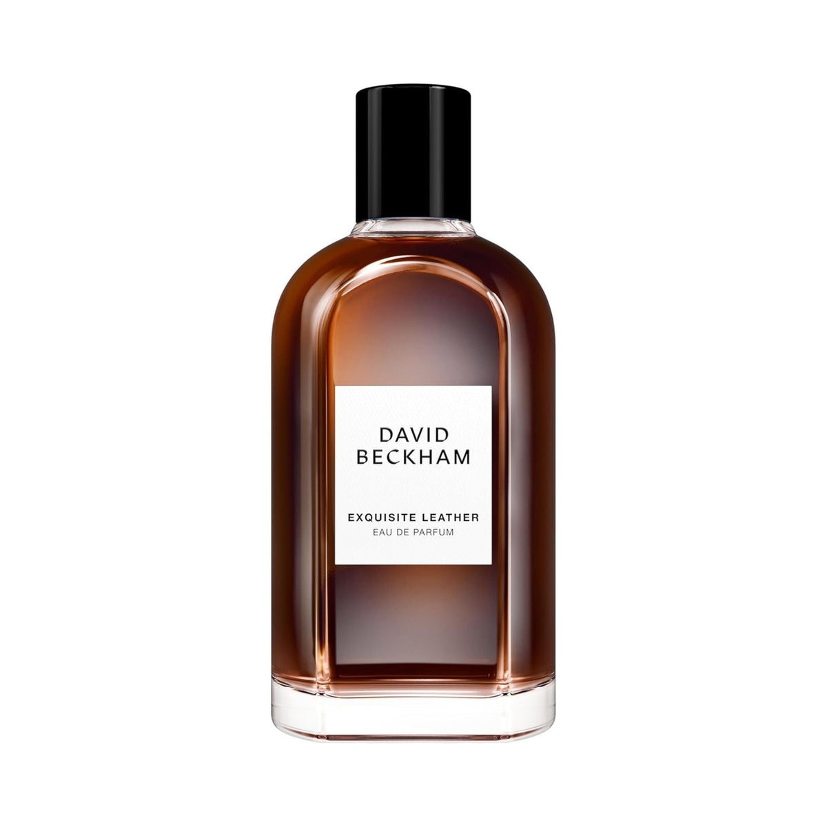 Refect Beauty David Beckham Collection Exquisite Leather Eau de Parfum in a sleek amber glass bottle with black cap.