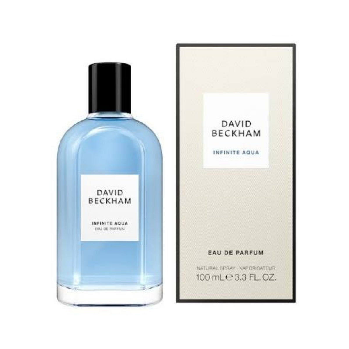 Refect Beauty David Beckham Collection Infinite Aqua Eau de Parfum bottle and packaging box with blue liquid.