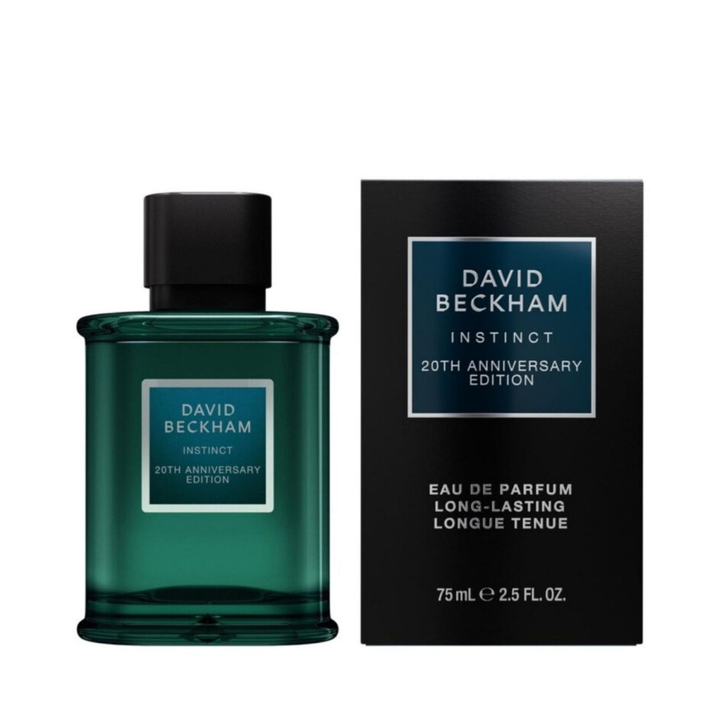 Refect Beauty David Beckham Instinct 20th Anniversary Edition Eau de Parfum bottle and box with green glass design.