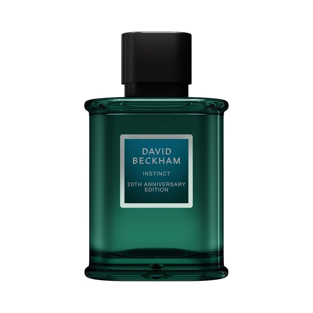 Refect Beauty David Beckham Instinct 20th Anniversary Edition Eau de Parfum in a dark green glass bottle.