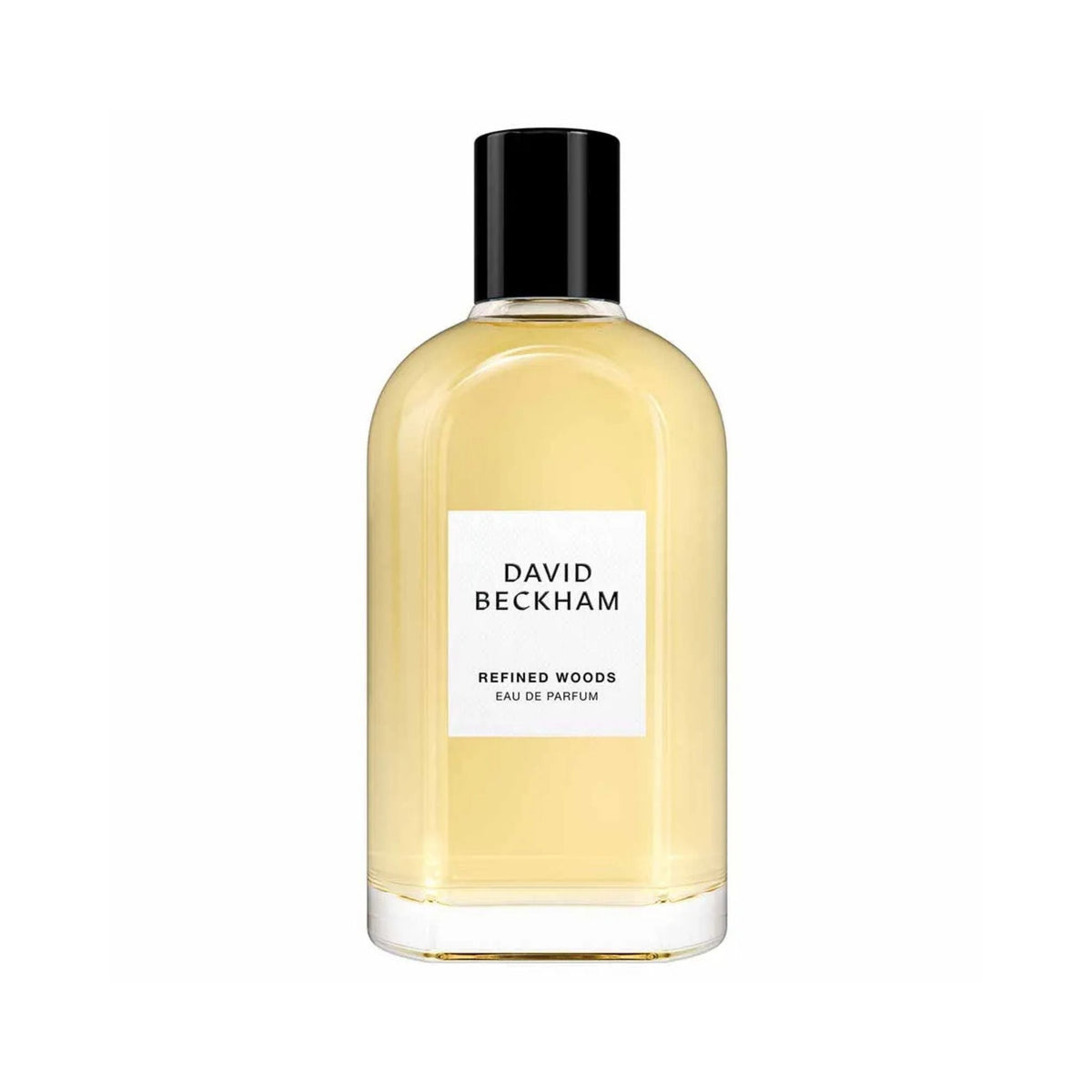 Refect Beauty David Beckham Refined Woods Eau de Parfum in a clear glass bottle with a black cap and white label.