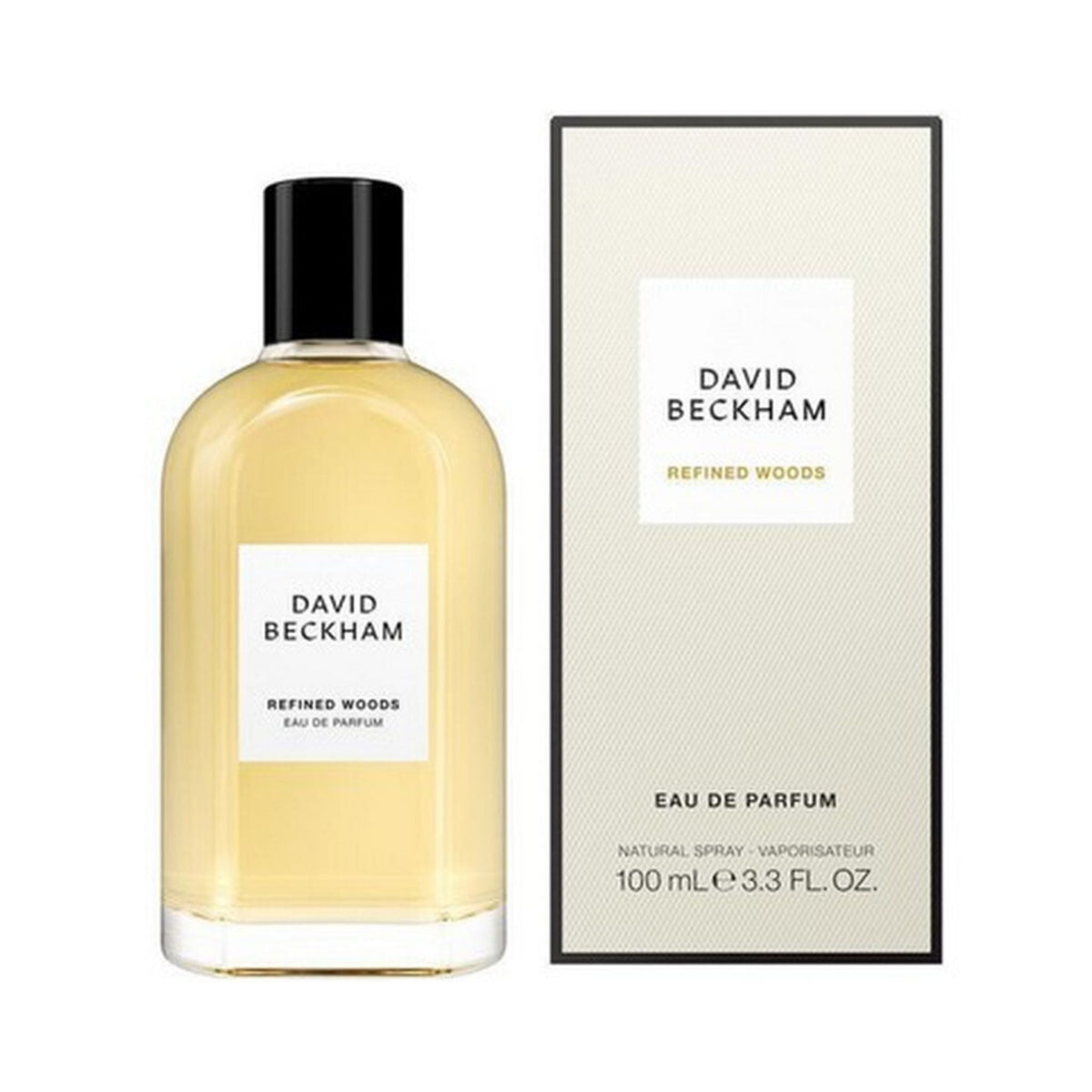 Refect Beauty David Beckham Refined Woods Eau de Parfum bottle and box featuring a warm woody and spicy fragrance.