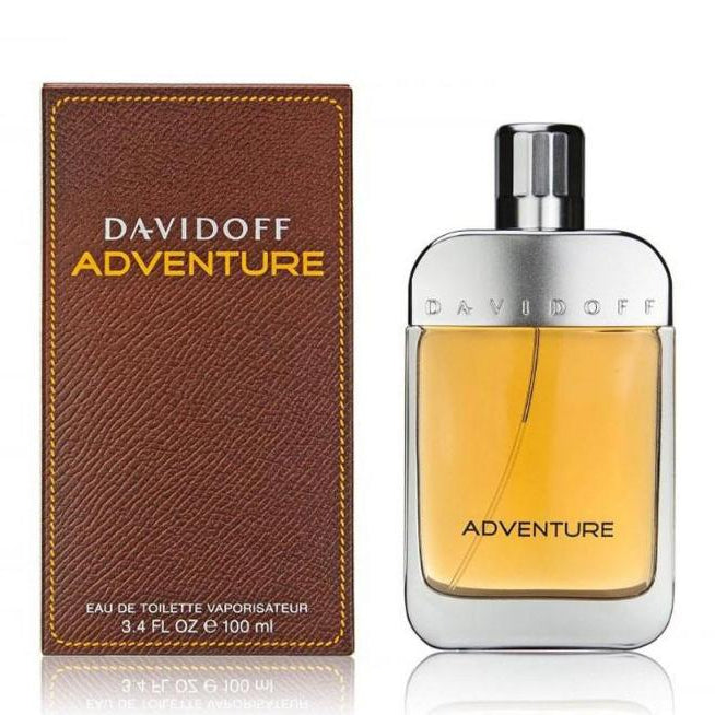 Refect Beauty Davidoff Adventure Eau de Toilette fragrance bottle next to its brown textured leather-look box.