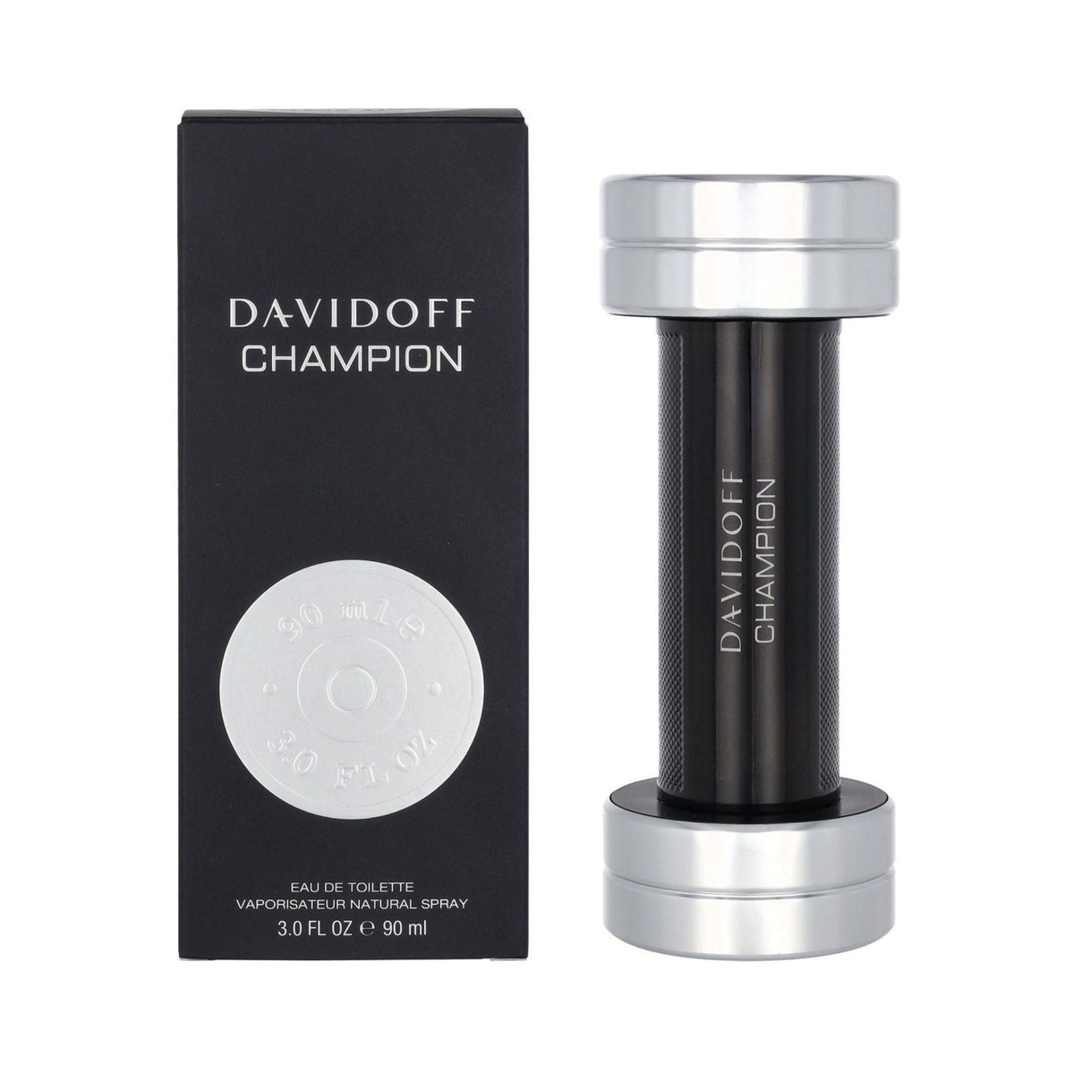 Refect Beauty Davidoff Champion Eau de Toilette 90ml bottle shaped like a dumbbell next to its black packaging box