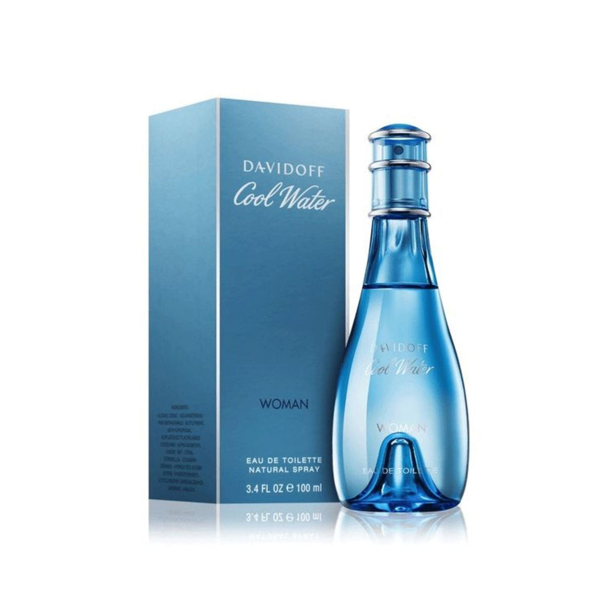 Refect Beauty Davidoff Cool Water Woman Eau de Toilette in a blue glass bottle with matching rectangular box.