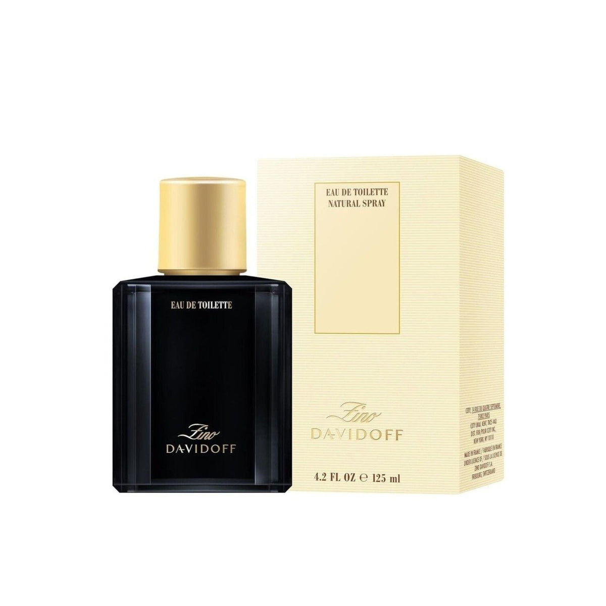 Refect Beauty Davidoff Zino Eau de Toilette bottle and packaging box featuring a classic black and gold design.