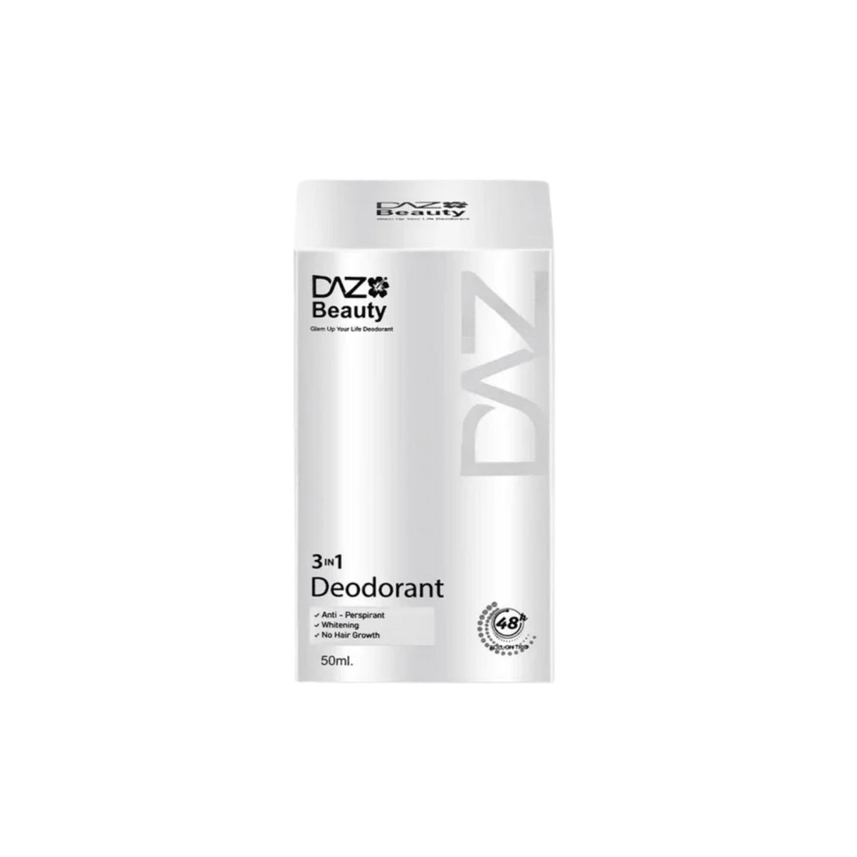 Refect Beauty Daz Beauty 3 in 1 deodorant roll-on bottle in white packaging for odor control and underarm care