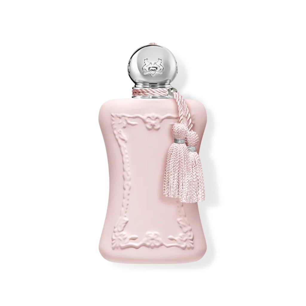 Refect Beauty Parfums de Marly Delina Eau de Parfum in a matte pink bottle with a silver cap and decorative tassel.