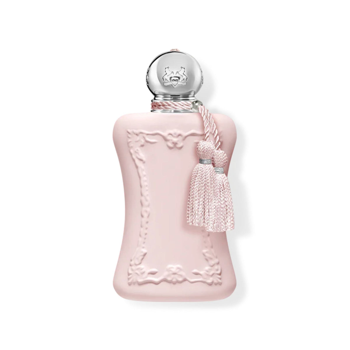 Refect Beauty Parfums de Marly Delina Eau de Parfum in a matte pink bottle with a silver cap and decorative tassel.