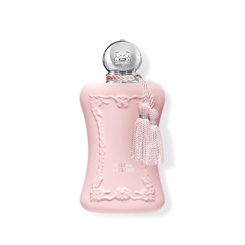 Refect Beauty Parfums de Marly Delina Exclusif perfume bottle in matte pink with silver cap and decorative tassel
