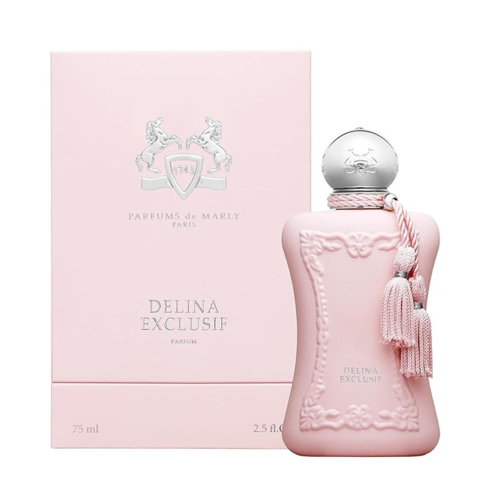 Refect Beauty Parfums de Marly Delina Exclusif perfume bottle and pink box with silver cap and decorative tassels