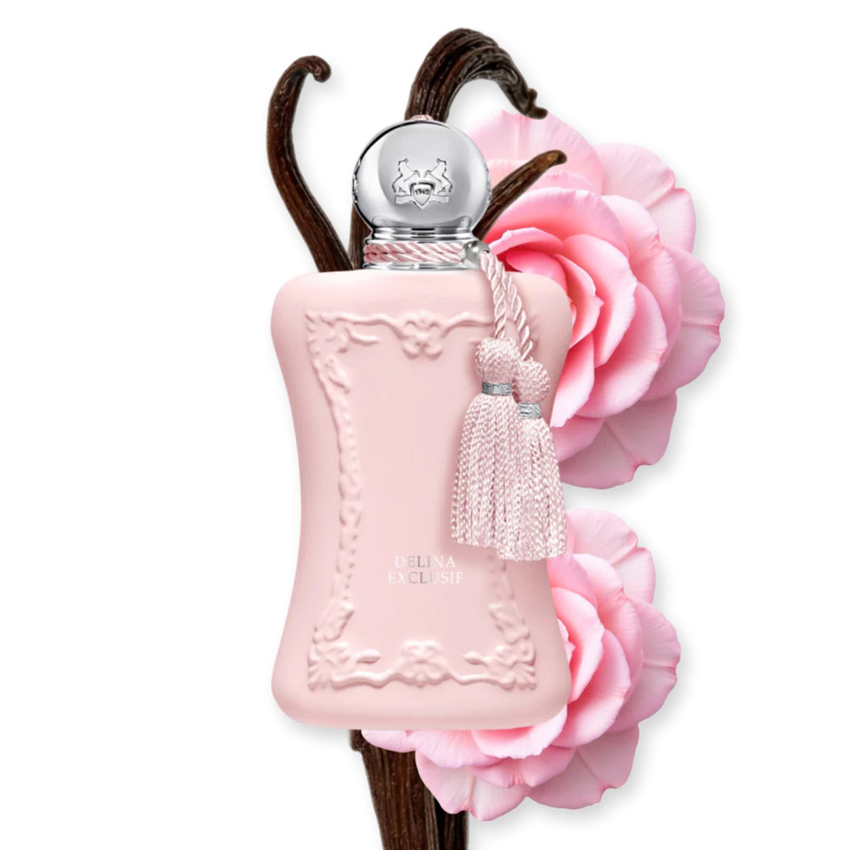 Refect Beauty Parfums de Marly Delina Exclusif perfume bottle in matte pink with a silver cap and decorative tassel