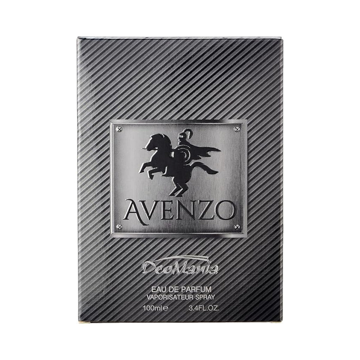 Refect Beauty Deomania Parfum Avenzo men's eau de parfum box with a metallic silver knight logo on a dark grey background