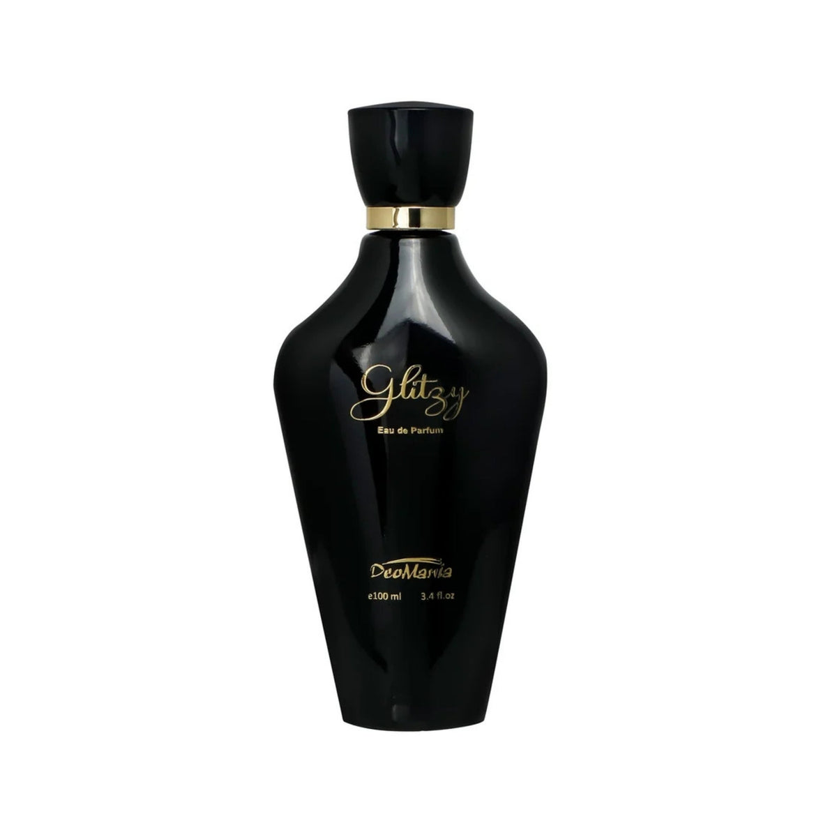 Refect Beauty Deomania Glitzy Eau de Parfum in a sleek black glass bottle with gold lettering and cap.