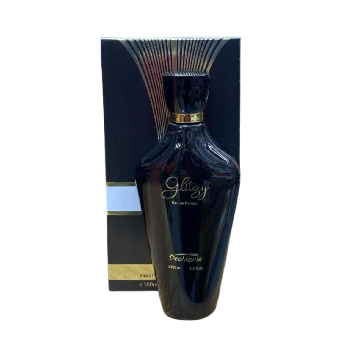 Refect Beauty Deomania Glitzy Eau de Parfum in a sleek black bottle with gold accents and matching display box