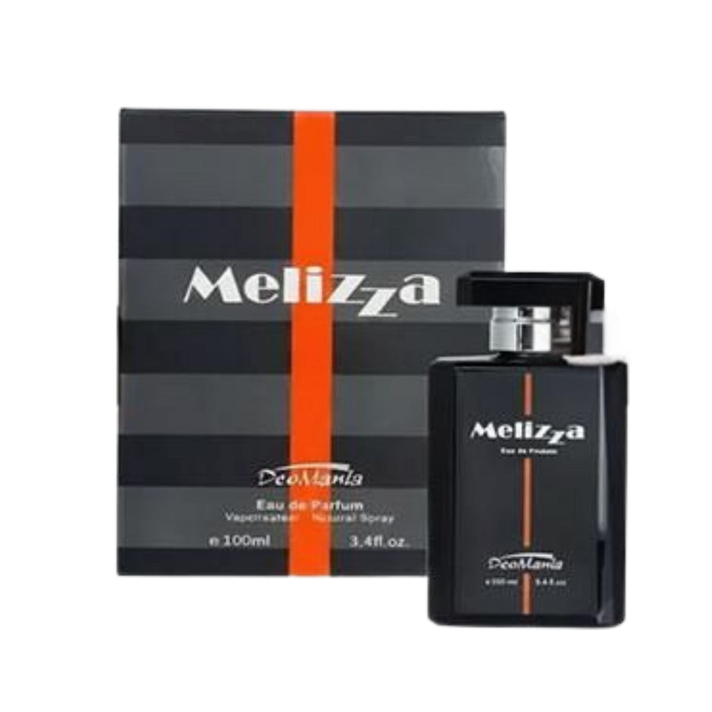 Refect Beauty Deomania Melizza 100ml masculine eau de parfum in a black bottle with orange stripe and matching box