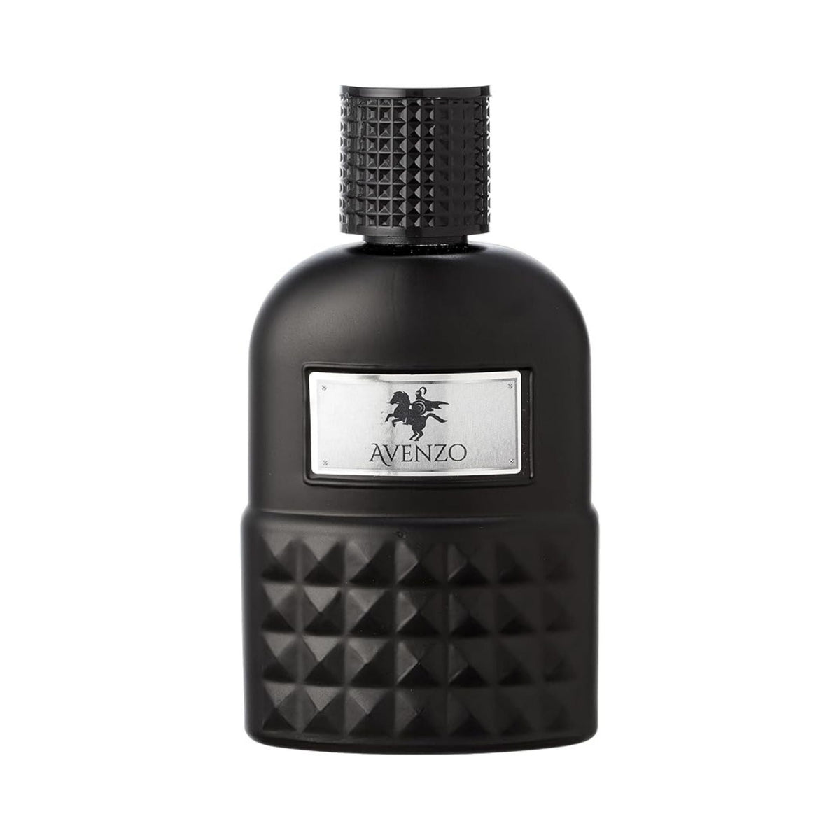 Refect Beauty Deomania Parfum Avenzo men's fragrance in a matte black bottle with a textured stud design.